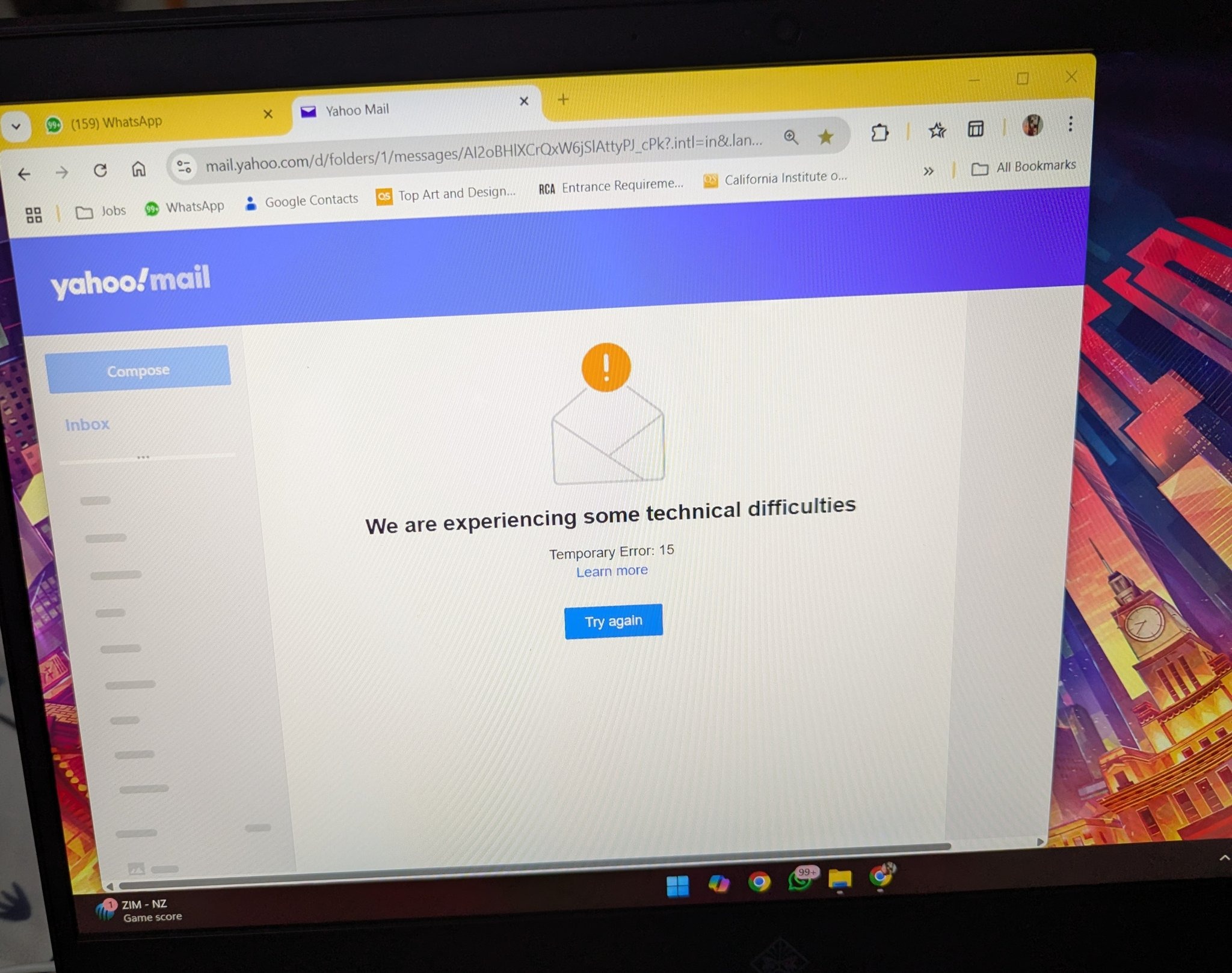 Temporary Error 15 message showing during Yahoo Mail outage.