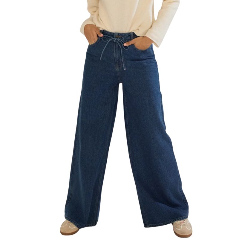 Dark Blue Tie Waist Wide Leg Jeans on model 