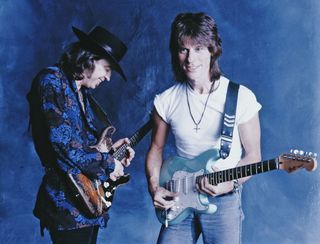 PRIL 1980: Rock and roll legends Stevie Ray Vaughn and Jeff Beck (l-R), poses for a portrait in Los Angeles, California. (Photo by Aaron Rapoport/Corbis/Getty Images)