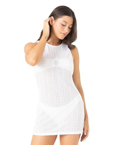 Roxy Women's Crochet Tank Cover-Up Swim Dress &amp;ndash; Sundress &amp;amp; Swimsuit Coverup for Beach, Poolside, Resort Wear, White, Large
