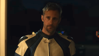 Alexander Skarsgard in biker outfit in Pillion