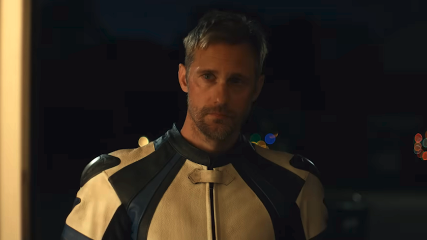 Alexander Skarsgard in biker outfit in Pillion