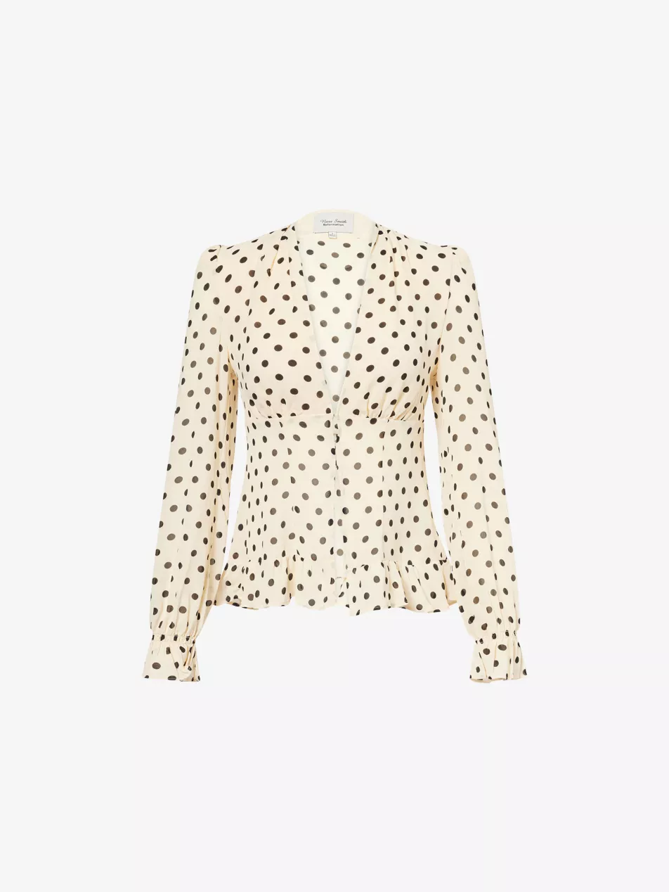 Reformation X Nara Smith Polka-Dot V-Neck Woven Blouse - 4