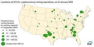Locations of 52 U.S. cryptocurrency mining operations, as of January 2024