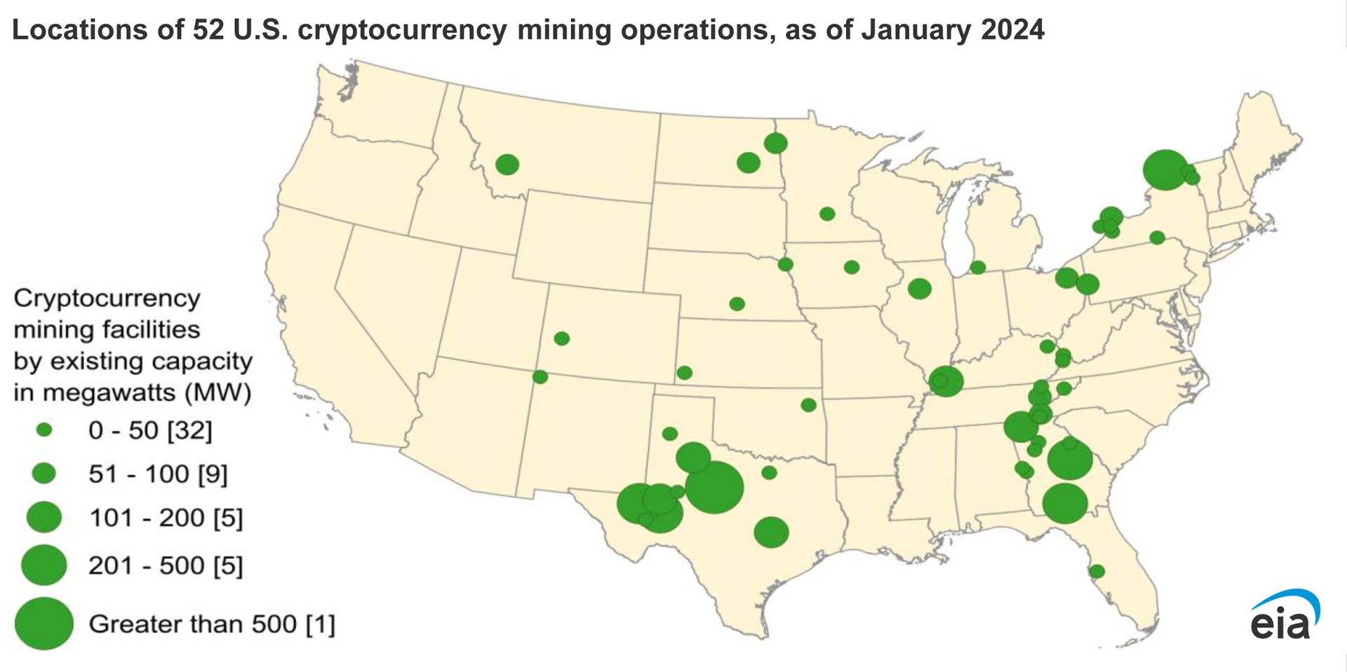 Locations of 52 Cryptocurrency Mining Operations in the United States as of January 2024
