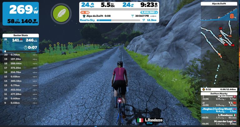 Image shows Anna riding up the Alpe du Zwift