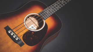 Close up of a junior-sized Martin DJR-10E electro-acoustic bass guitar near the soundhole