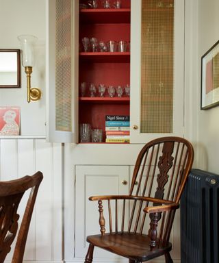 cream cabinets doors with inside painted red
