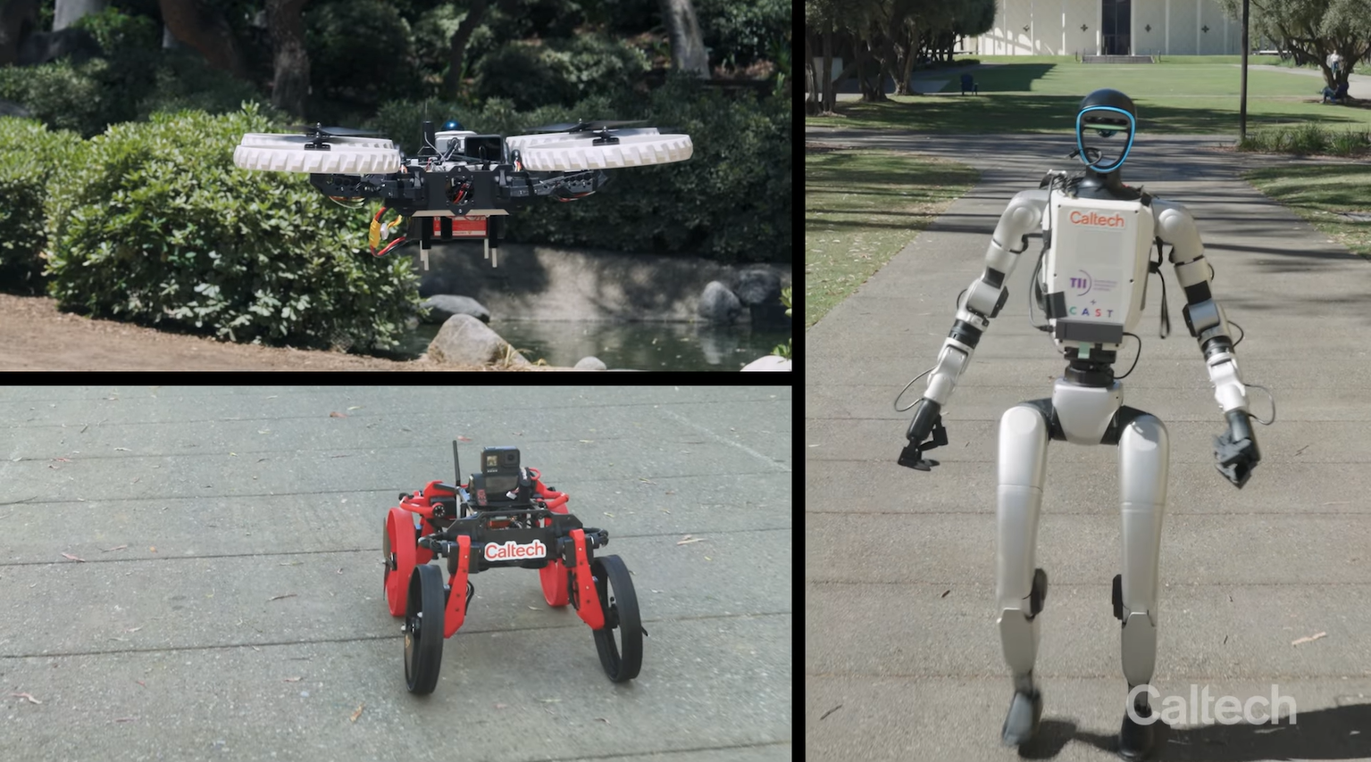 3 photographs in one image. White drone fyling (top left), red drone driving on pavement (bottom left) and the humanoid robot (right).