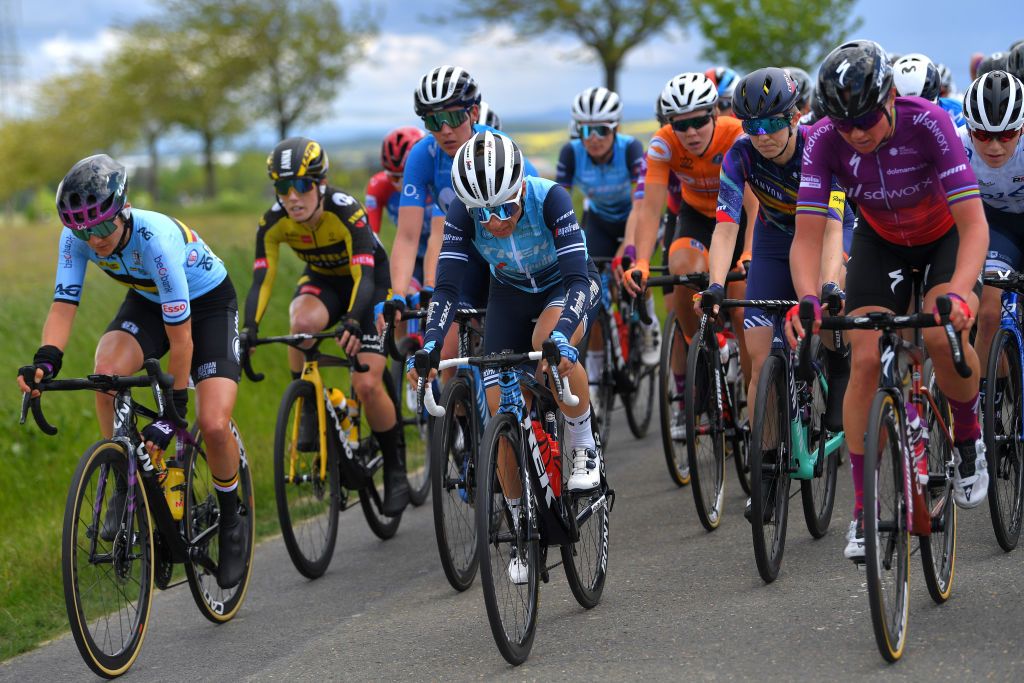 SCHMOLLN GERMANY MAY 25 Trixi Worrack of Germany and Trek Segafredo Chantal Van Den Broek Blaak of Netherlands and Team SD Worx lead The Peloton during the 34th Internationale LOTTO Thringen Ladies Tour 2021 Stage 1 a 899km stage from Schmolln to Schmolln ltlt2021 lottothueringenladiestour womencycling on May 25 2021 in Schmolln Germany Photo by Luc ClaessenGetty Images