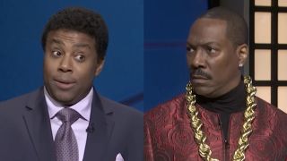 Side by side from SNL50 special: Kenan Thompson hosting Black Jeopardy!, Eddie Murphy in red jacket and large gold chain as contestant on Black Jeopardy!