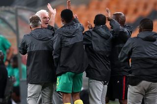 Hugo Broos, coach of Bafana Bafana celebrates beating Ghana