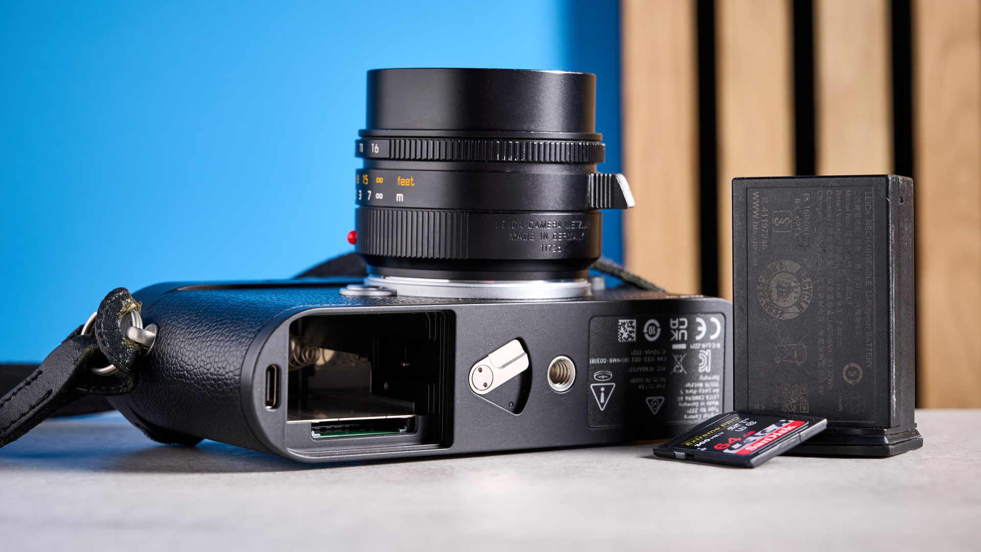 A black Leica M11-D rangefinder camera