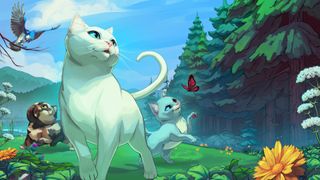 Cattails: Wildwood Story - key art of a while cat walking through a forest followed by calico and bluish kittens chasing butterflies