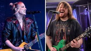 Left-Lzzy Hale of Halestorm performs at Michigan Lottery Amphitheatre on July 08, 2022 in Sterling Heights, Michigan; Right-Wolfgang Van Halen of the band Mammoth performs during their visit to SiriusXM Studios on July 14, 2025 in New York City