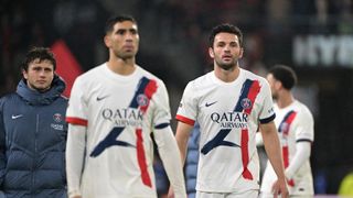 Achraf Hakimi and Goncalo Ramos looking dejected after a PSG defeat