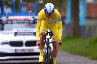 FRIBOURG SWITZERLAND MAY 02 Michael Woods of Canada and Team Israel StartUp Team Yellow Leader Jersey during the 74th Tour De Romandie 2021 Stage 5 a 1619km Individual Time Trial stage from Fribourg to Fribourg 614m ITT TDR2021 TDRnonstop UCIworldtour on May 02 2021 in Fribourg Switzerland Photo by Luc ClaessenGetty Images