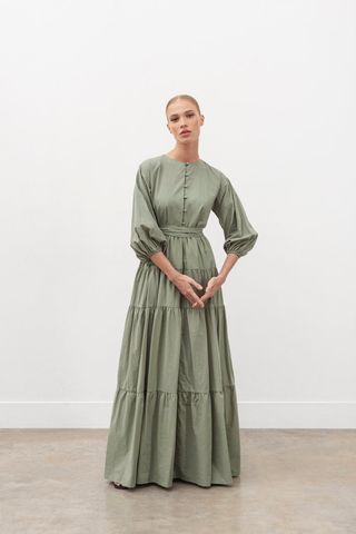 Green Cotton Poplin Tiered Dress