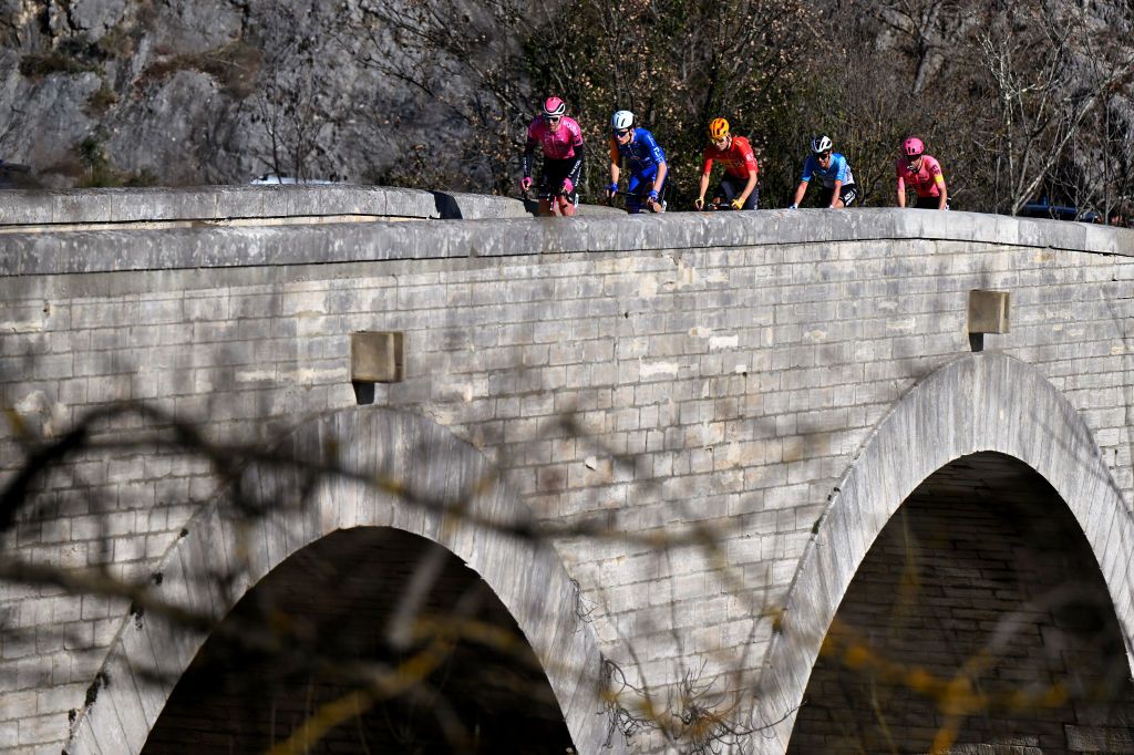 MEJANNESLECLAP FRANCE FEBRUARY 03 LR Samuel Leroux of France and Team Van Rysel Roubaix Leo Danes of France and Team CIC U Nantes Atlantique Jonas Iversby Hvideberg of Norway and Team UnoX Mobility Dries De Bondt of Belgium and Decathlon AG2R La Mondiale Team and Stefan Bissegger of Switzerland and Team EF Education EasyPost compete in the breakaway during the 54th Etoile de Besseges Tour du Gard Stage 4 a 15848km stage from MejannesleClap to MejannesleClap on February 03 2024 in MejannesleClap France Photo by Luc ClaessenGetty Images