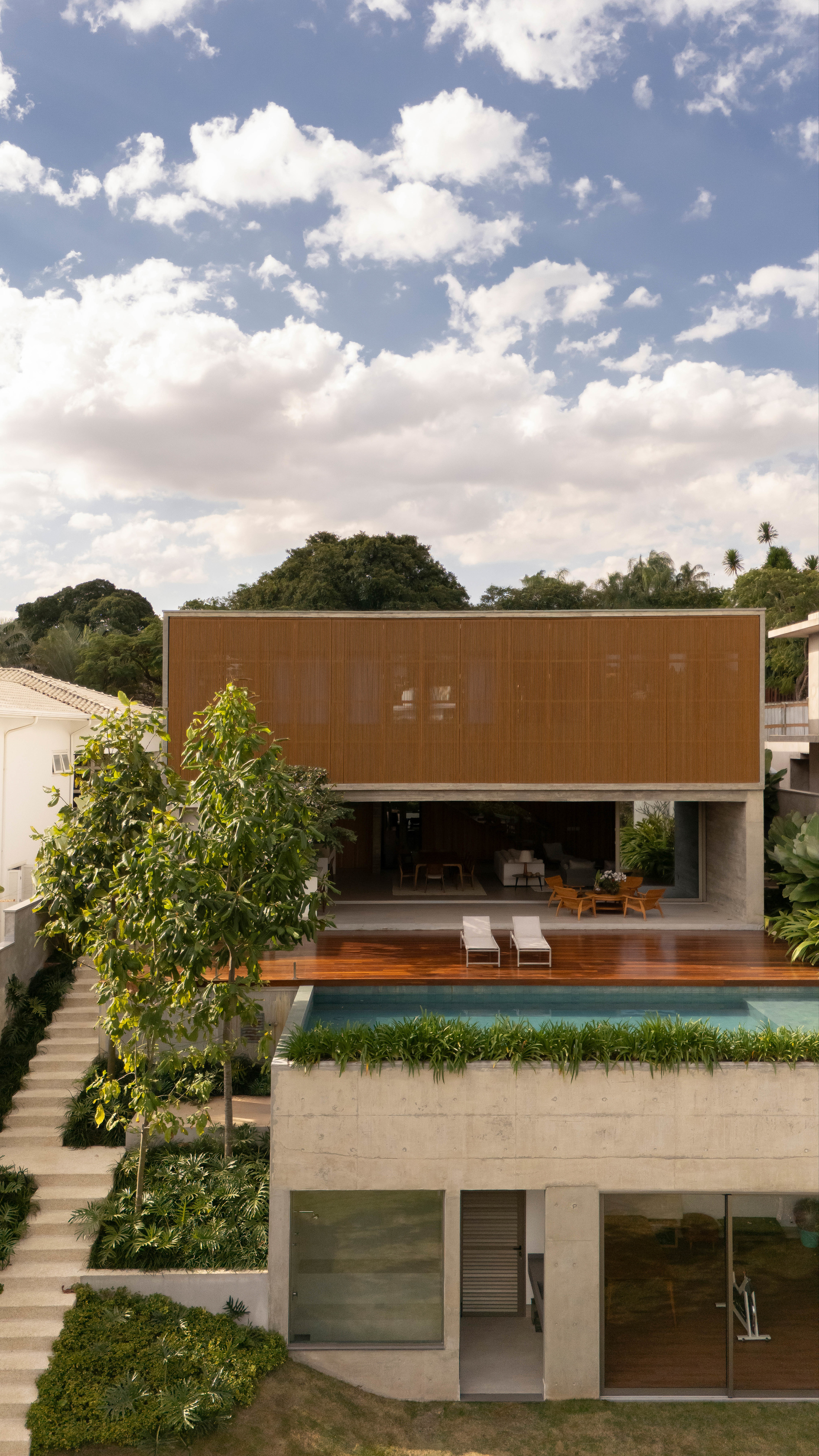The pool sits above a gym and sauna