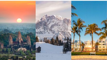 Comp image of the best places to visit in january, including cambodia, dolomites and miami