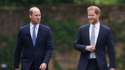 Britain's Prince William, Duke of Cambridge (L) and Britain's Prince Harry, Duke of Sussex arrive for the unveiling of a statue of their mother, Princess Diana at The Sunken Garden in Kensington Palace
