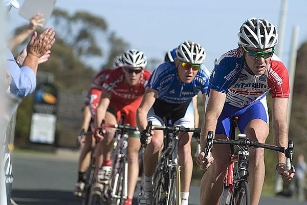 Cameron Peterson (Peloton Sports) drives the leading group in the closing laps of stage nine.