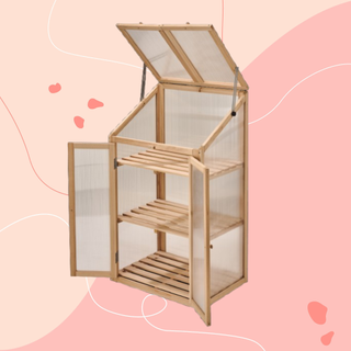 Aldi wooden mini greenhouse on a pink bacground.