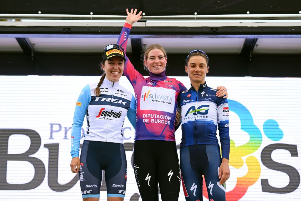 : (L-R) Shirin van Anrooij of The Netherlands and Team Trek-Segafredo on second place, race winner Demi Vollering of The Netherlands and Team SD Worx - Purple Leader Jersey and Ashleigh Moolman-Pasio of South Africa and Team AG Insurance-Soudal on third plac