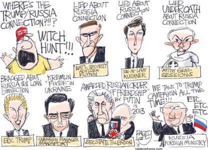 Political cartoon U.S. Trump Russia investigation witch hunt Flynn Kushner