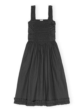 Black Cotton Poplin Midi Strap Smock Dress