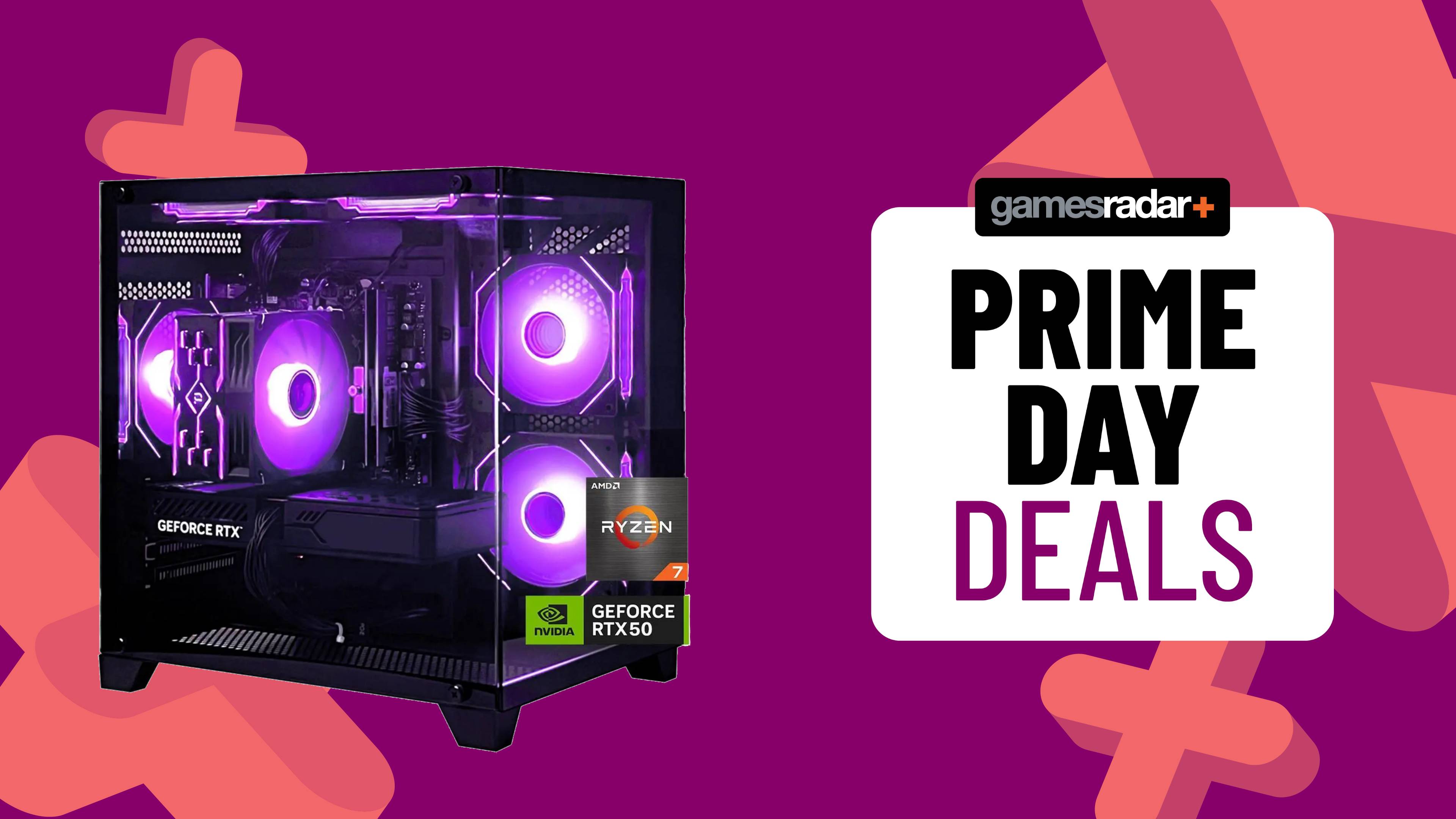 An AOACE Gaming PC with an RTX 5060 GPU next to a sign saying 'Prime Day deals'.
