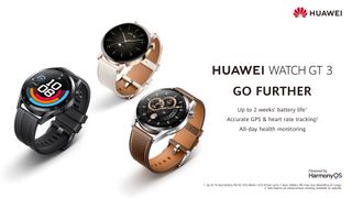 Huawei Watch GT 3 promotional image featuring three different bands on watches