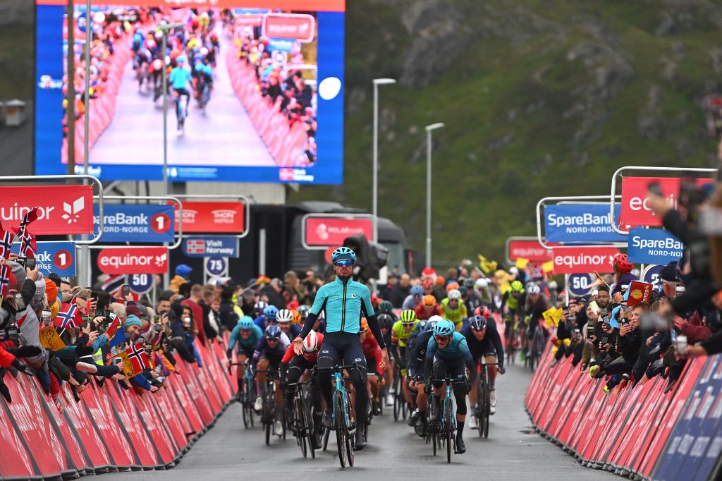 HAMMERFEST NORWAY AUGUST 18 Michele Gazzoli of Italy and Astana Qazaqstan Team celebrates at finish line as stage winner during the 10th Arctic Race of Norway Stage 2 a 1534km stage from Alta to Hammerfest on August 18 2023 in Hammerfest Norway Photo by Luc ClaessenGetty Images