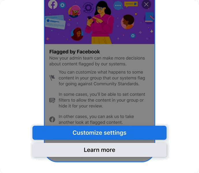 Facebook Group's "Flagged by Facebook" customization options for harmful content.