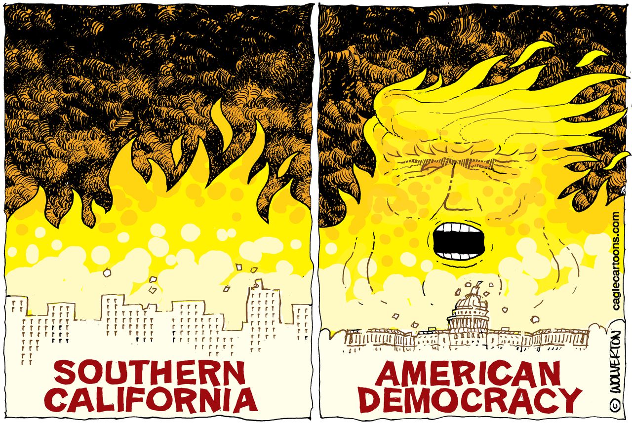 Political cartoon U.S. California fires Trump