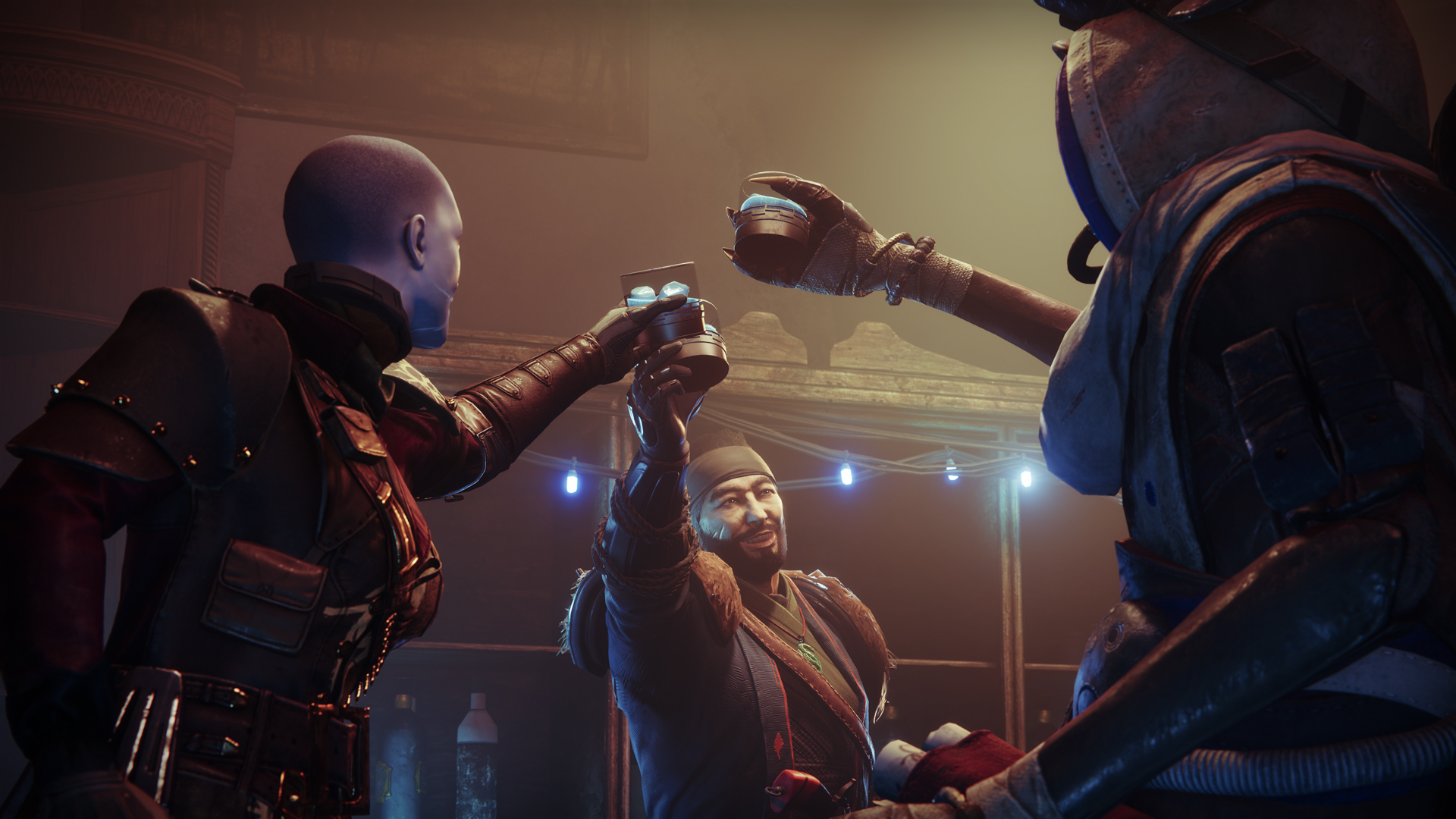 Destiny 2 Season of Plunder Drifter, Guardian, and Eido celebrating with drinks