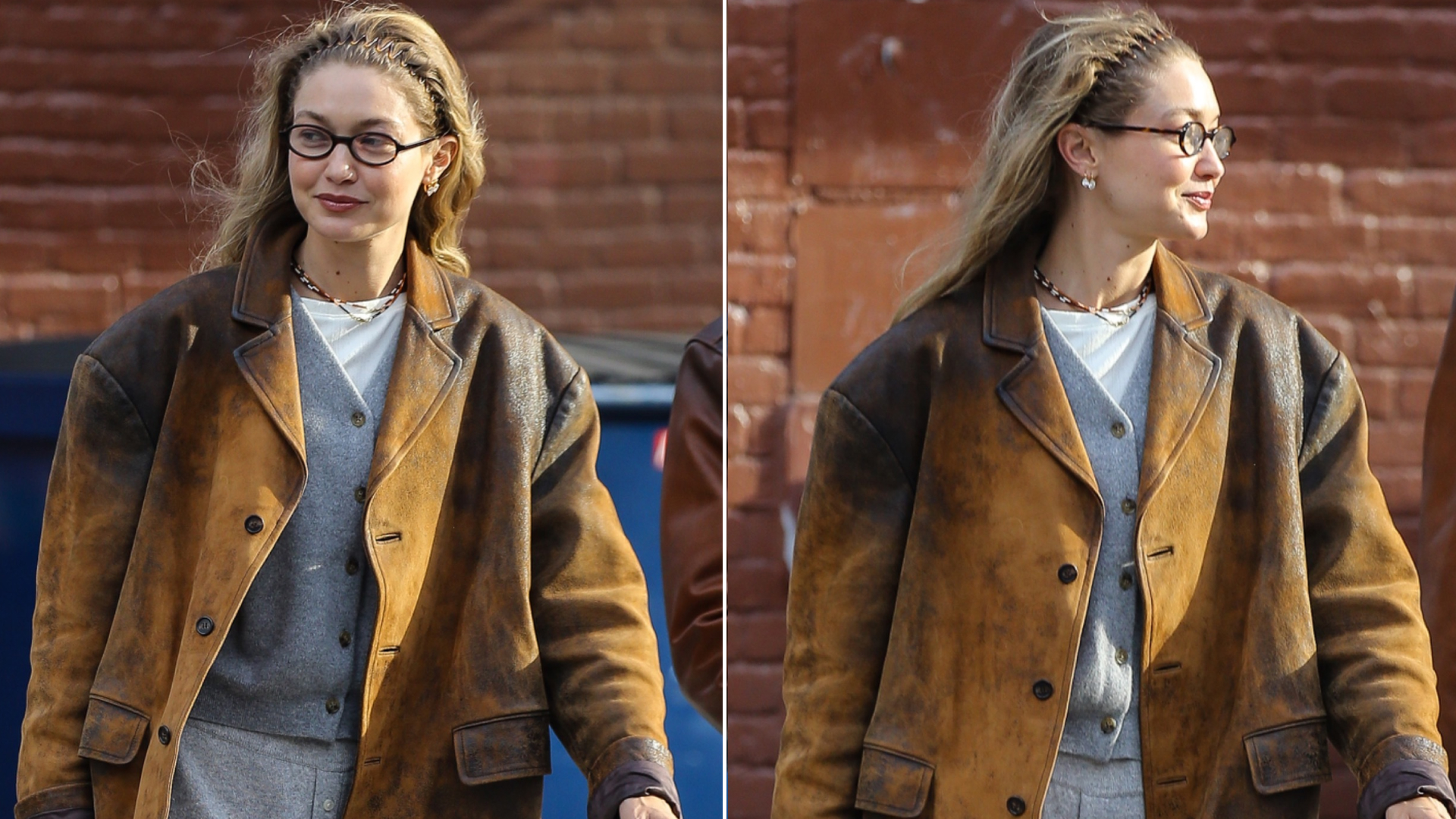 Gigi Hadid wore gray Guest In Residence sweatpants with a leather Miu Miu blazer and the soft loafers trend in suede