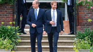 Prince William and Prince Harry arrive for the unveiling of a statue of their mother, Princess Diana at The Sunken Garden