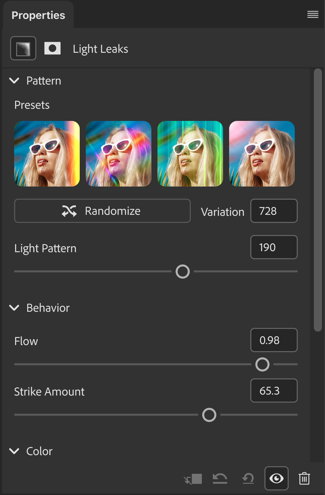 A closer look at the light leaks filter panel in Adobe Photoshop