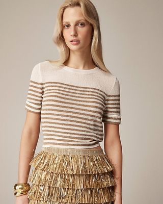 Cotton-Blend Gauze Sweater-Tee in Metallic Stripe