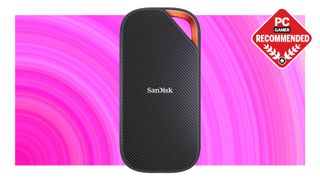 A SanDisk Extreme Pro external SSD on a pink background with the PC Gamer Recommended label on top.