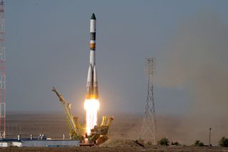 A Russian Soyuz rocket launches the unmanned Progress 44 cargo ship from Baikonur Cosmodrome on Aug. 24, 2011 to deliver fresh supplies to the International Space Station. The rocket and spacecraft crashed in eastern Russian just over five minutes after liftoff.