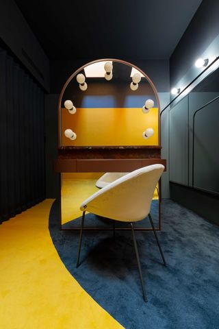 A changing room at Teatro degli Arcimboldi, Milan, featuring a white chair on yellow carpet in front of a mirror