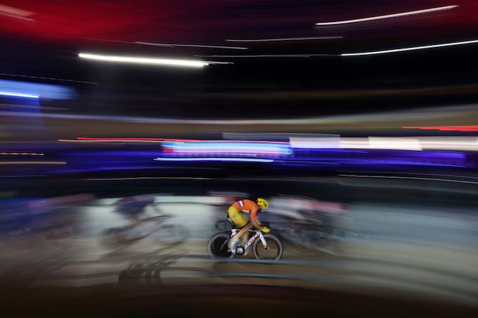 Nick Stopler of the Netherlands competes in the points race during day three of the 2018 London Six Day