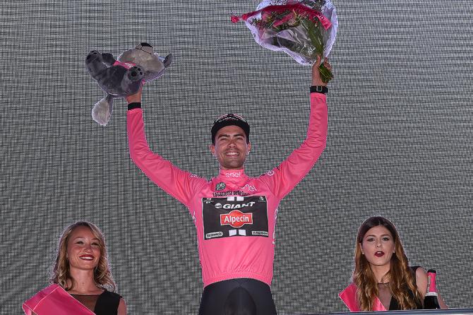 Tom Dumoulin on the podium after winning stage 1 of the 2016 Giro d'Italia