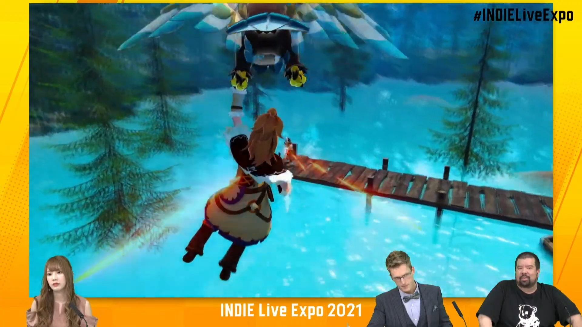 Screenshot of a Palworld Demo at Indie Live Expo 2021 where a character is shown holding onto a flying creature.