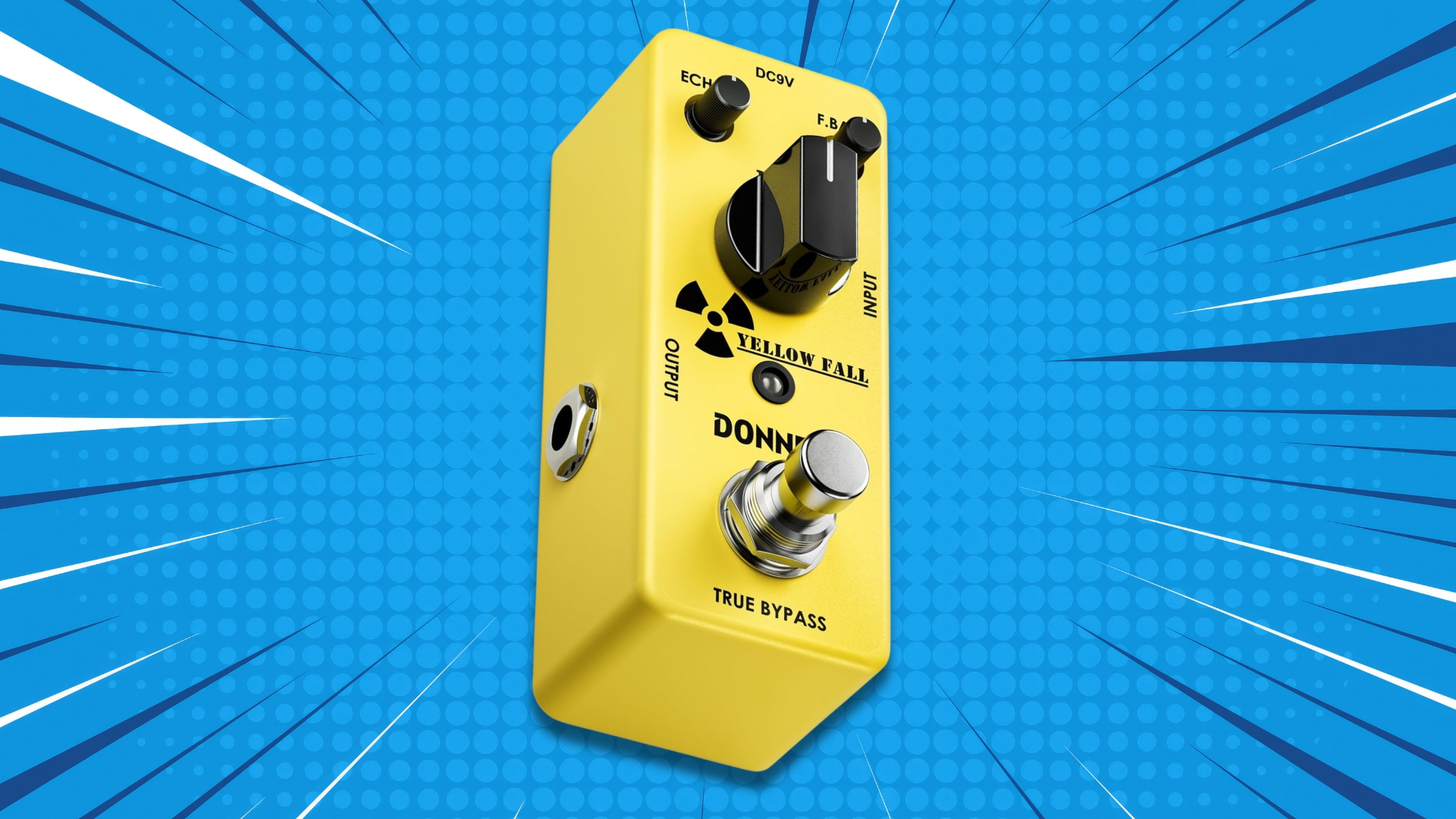 A Donner Yellow ‌Fall delay⁣ pedal on a ⁢blue ​background