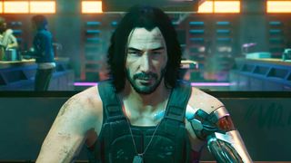 Johnny Silverhand stirrar på spelaren i Cyberpunk 2077.