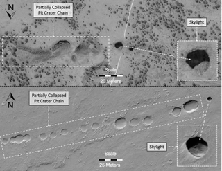 An image shows aerial views of a pit crater chain hiding a lava tube in New Mexico (top) and a similar formation on Mars (bottom).